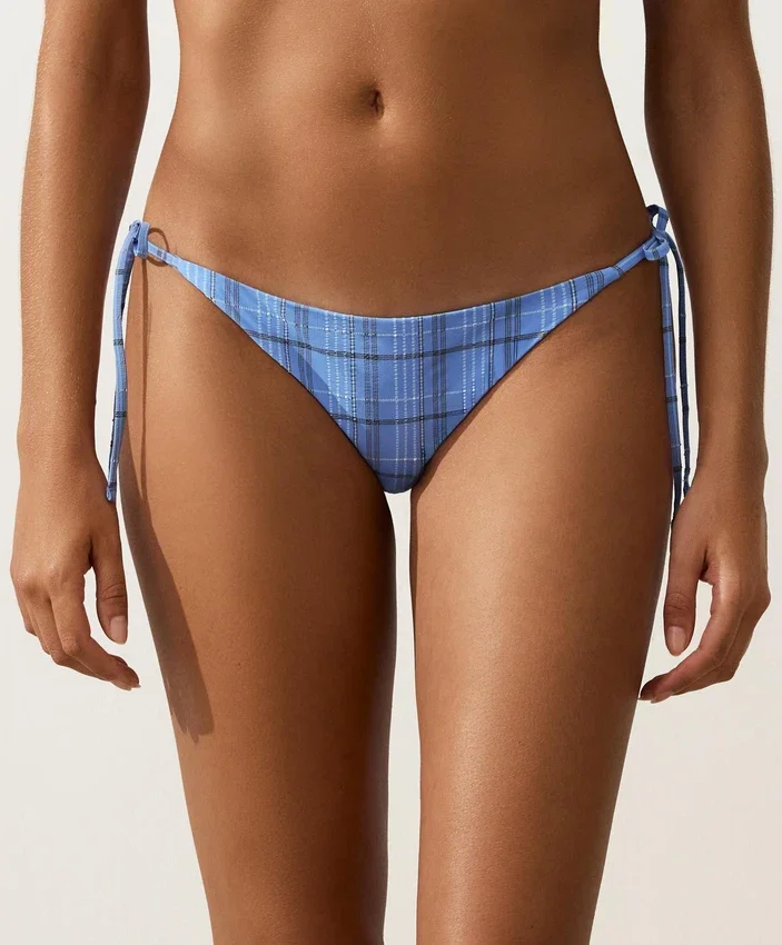 Braguitas de bikini de cobertura media con estampado de cuadros y lazos Braguitas de bikini de cobertura media con estampado de cuadros y lazos