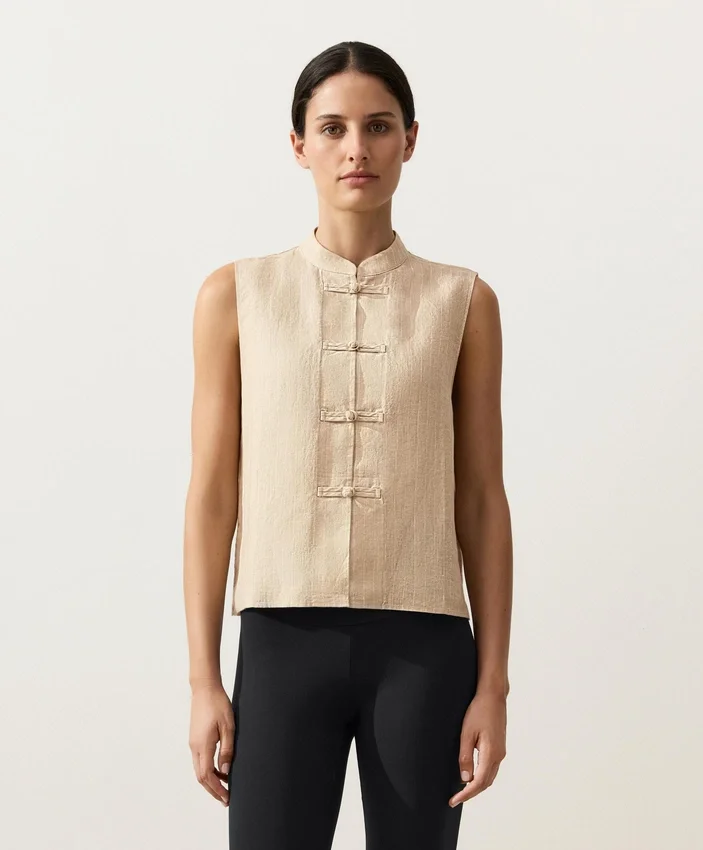 Camisas sin mangas 100 % lino con cuello alto y botones Camisas sin mangas 100 % lino con cuello alto y botones