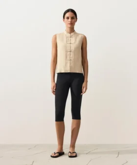 Camisas sin mangas 100 % lino con cuello alto y botones Camisas sin mangas 100 % lino con cuello alto y botones