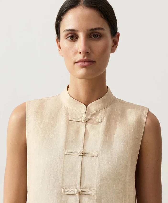 Camisas sin mangas 100 % lino con cuello alto y botones Camisas sin mangas 100 % lino con cuello alto y botones