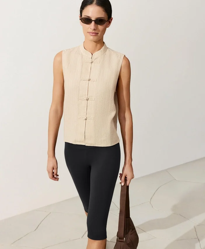 Camisas sin mangas 100 % lino con cuello alto y botones Camisas sin mangas 100 % lino con cuello alto y botones