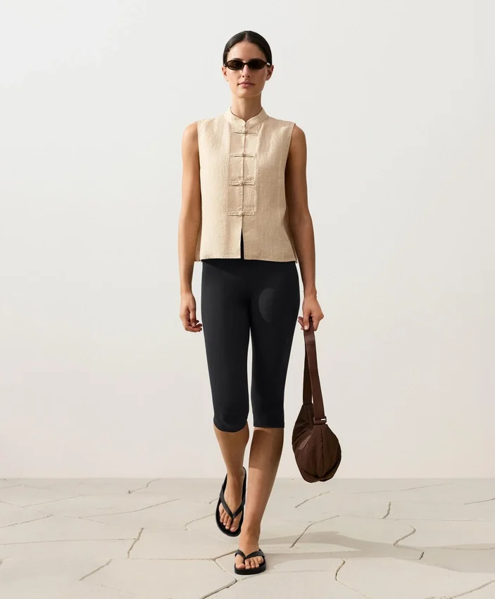 Camisas sin mangas 100 % lino con cuello alto y botones Camisas sin mangas 100 % lino con cuello alto y botones