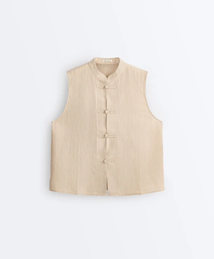 Camisas sin mangas 100 % lino con cuello alto y botones Camisas sin mangas 100 % lino con cuello alto y botones