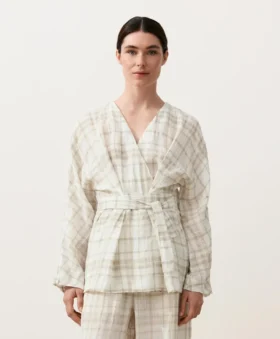 Camisas tipo kimono a cuadros de mezcla de lino y lyocell Camisas tipo kimono a cuadros de mezcla de lino y lyocell