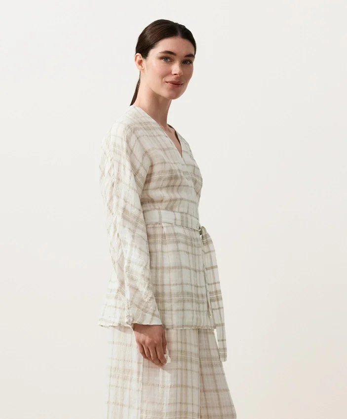 Camisas tipo kimono a cuadros de mezcla de lino y lyocell Camisas tipo kimono a cuadros de mezcla de lino y lyocell