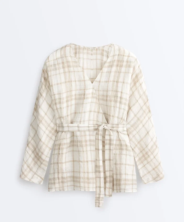 Camisas tipo kimono a cuadros de mezcla de lino y lyocell Camisas tipo kimono a cuadros de mezcla de lino y lyocell