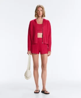 Chaqueta con capucha de punto trenzado lavado