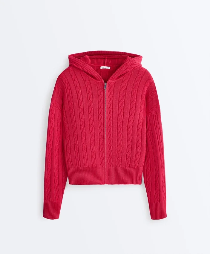 Chaqueta con capucha de punto trenzado lavado Chaqueta con capucha de punto trenzado lavado