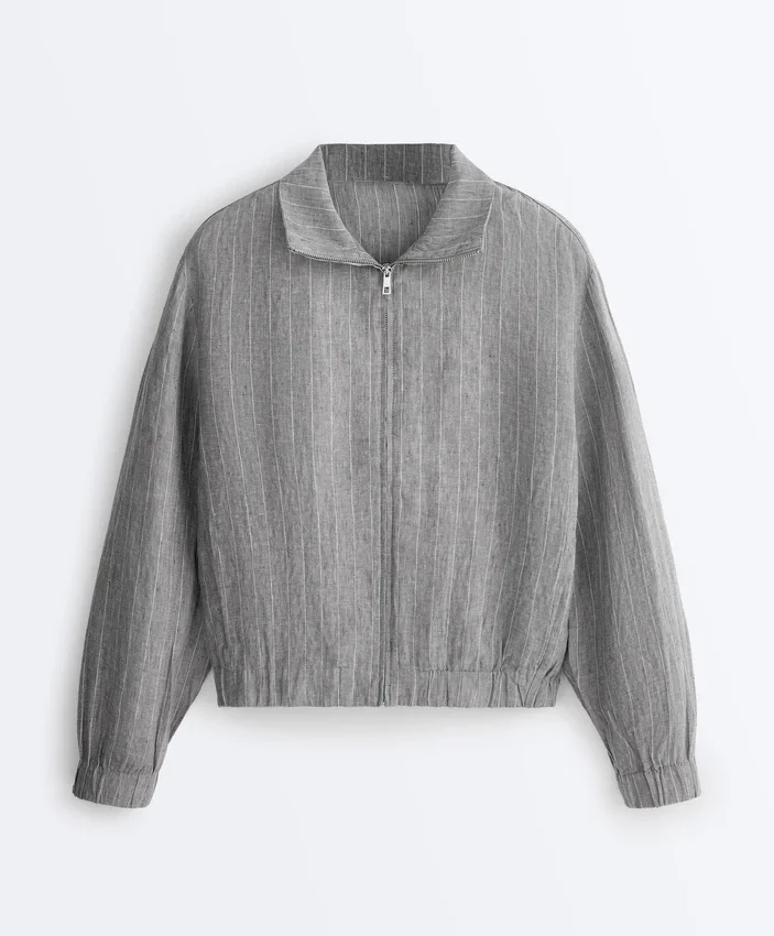 Chaqueta de cuello alto a rayas, 100 % lino Chaqueta de cuello alto a rayas, 100 % lino