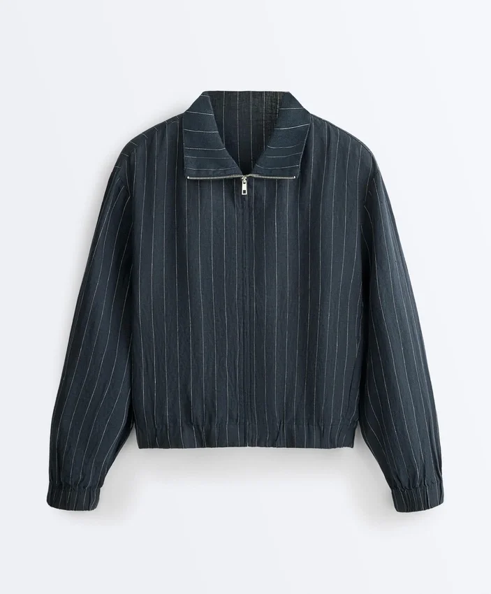 Chaqueta de cuello alto a rayas, 100 % lino Chaqueta de cuello alto a rayas, 100 % lino