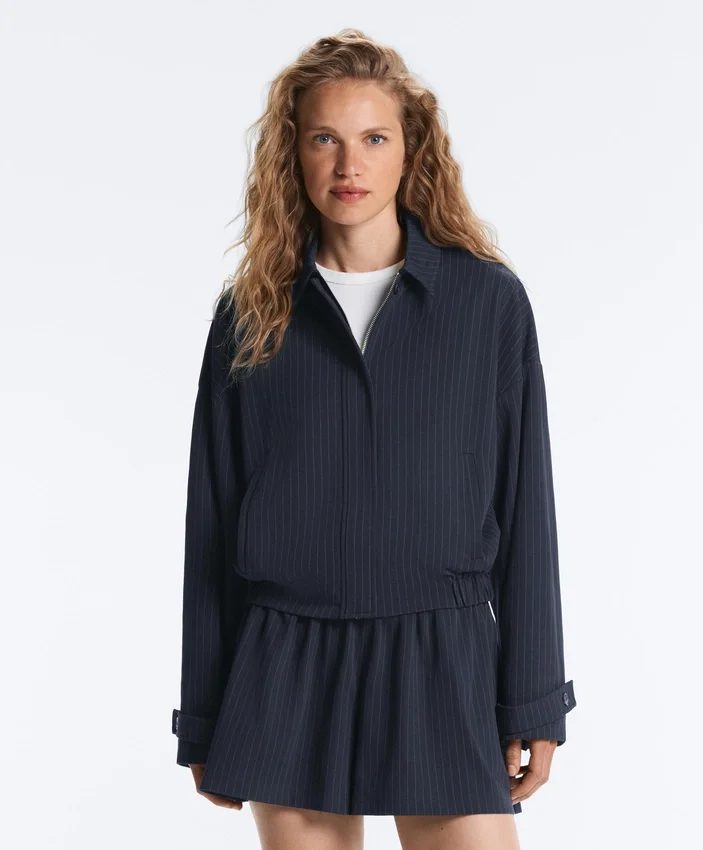 Chaqueta de cuello polo de piqué a rayas con algodón Chaqueta de cuello polo de piqué a rayas con algodón