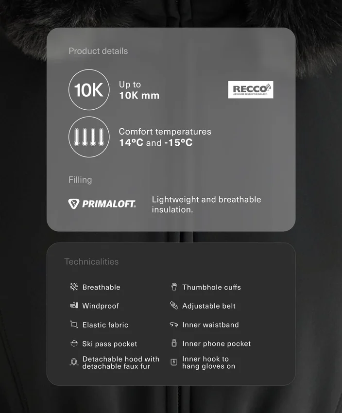 Chaqueta de esquí Primaloft® resistente al agua y de corte superajustado Chaqueta de esquí Primaloft® resistente al agua y de corte superajustado