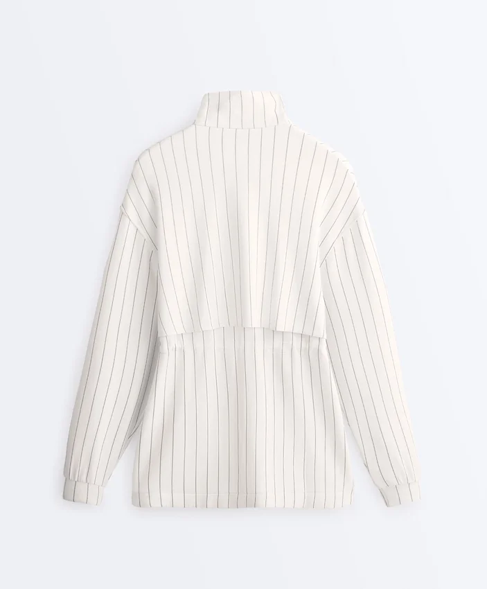 Chaqueta larga a rayas con cintura ajustable y modal Soft Touch Chaqueta larga a rayas con cintura ajustable y modal Soft Touch