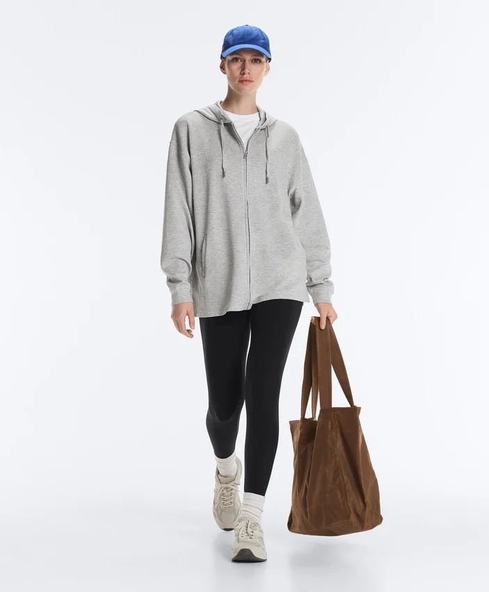 Chaqueta larga con capucha de piqué jaspeado Chaqueta larga con capucha de piqué jaspeado
