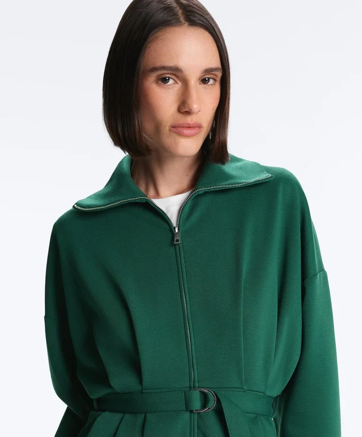 Chaqueta larga de piqué de algodón con cinturón Chaqueta larga de piqué de algodón con cinturón