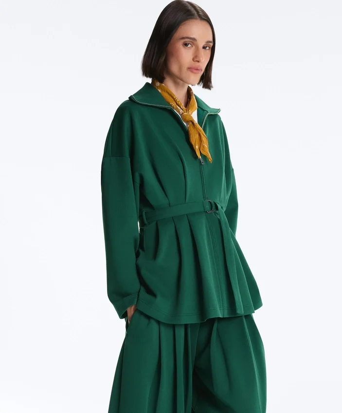 Chaqueta larga de piqué de algodón con cinturón Chaqueta larga de piqué de algodón con cinturón