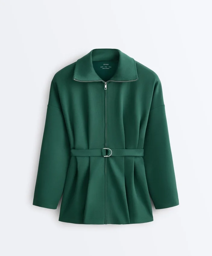 Chaqueta larga de piqué de algodón con cinturón Chaqueta larga de piqué de algodón con cinturón