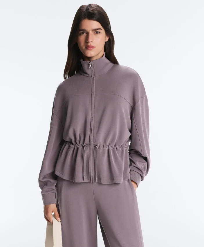 Chaqueta Soft Touch de modal suave al tacto con cintura ajustable y cuello alto Chaqueta Soft Touch de modal suave al tacto con cintura ajustable y cuello alto