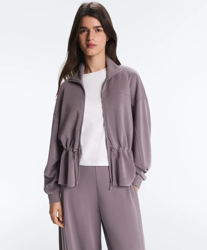 Chaqueta Soft Touch de modal suave al tacto con cintura ajustable y cuello alto Chaqueta Soft Touch de modal suave al tacto con cintura ajustable y cuello alto