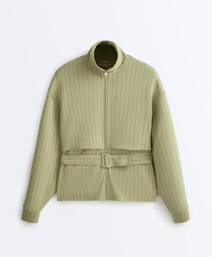 Chaqueta tipo capa de corte recto con rayas finas de modal Soft Touch Chaqueta tipo capa de corte recto con rayas finas de modal Soft Touch