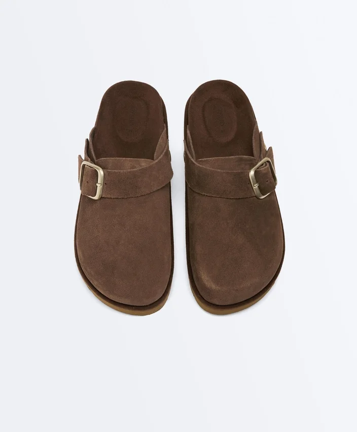 Mules de piel serraje con hebilla Mules de piel serraje con hebilla