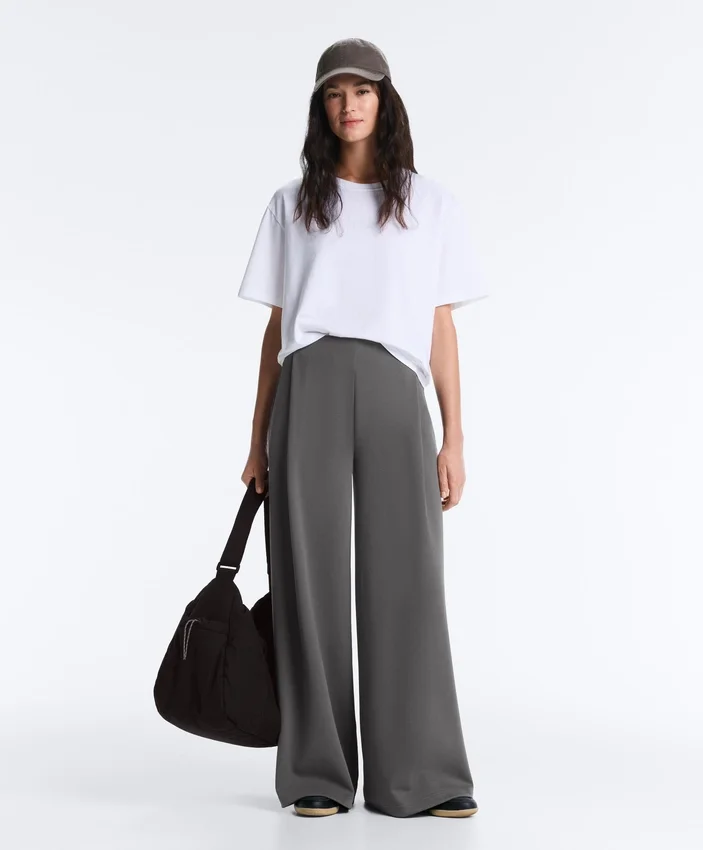 Pantalones de algodón piqué de tiro alto y pierna ancha Pantalones de algodón piqué de tiro alto y pierna ancha