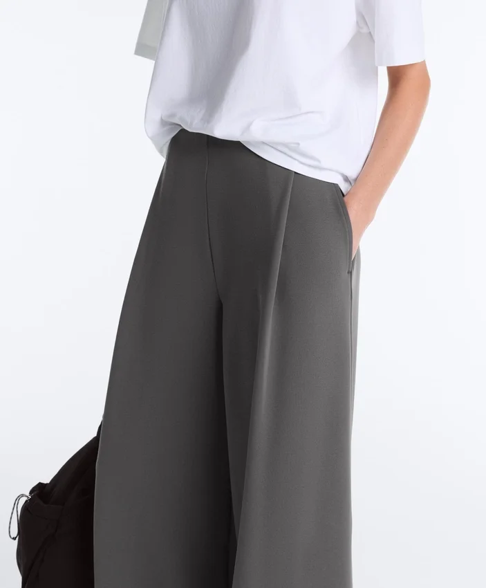 Pantalones de algodón piqué de tiro alto y pierna ancha Pantalones de algodón piqué de tiro alto y pierna ancha