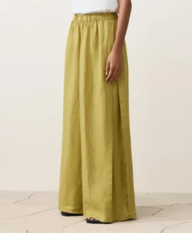 Pantalones de pierna ancha 100 % lino con pliegue lateral