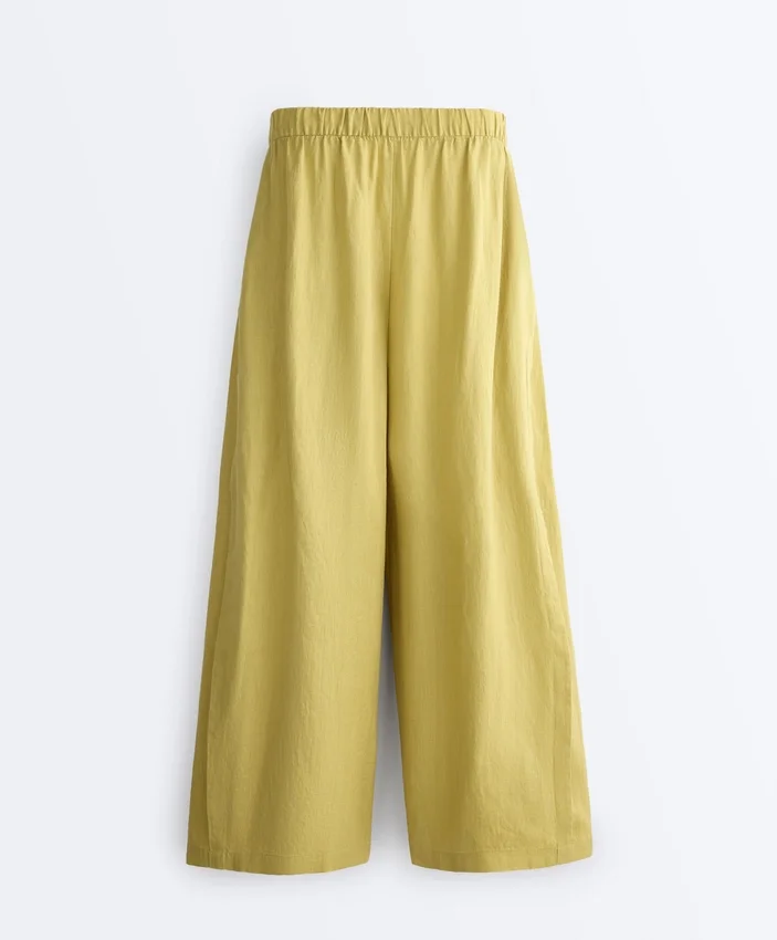 Pantalones de pierna ancha 100 % lino con pliegue lateral Pantalones de pierna ancha 100 % lino con pliegue lateral