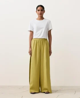 Pantalones de pierna ancha 100 % lino con pliegue lateral