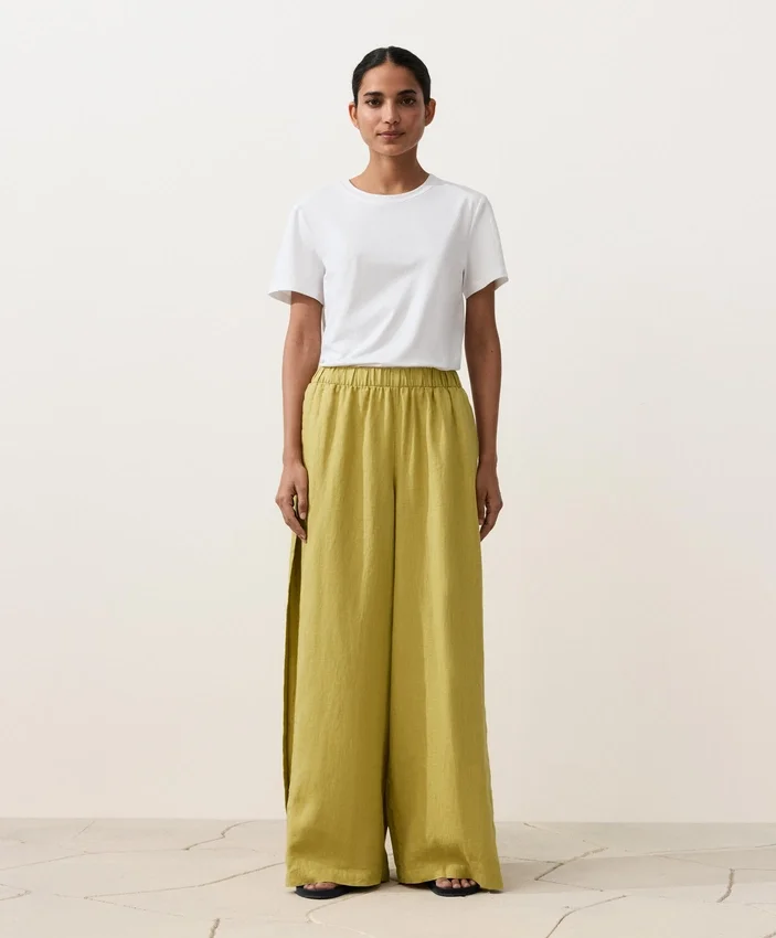 Pantalones de pierna ancha 100 % lino con pliegue lateral Pantalones de pierna ancha 100 % lino con pliegue lateral