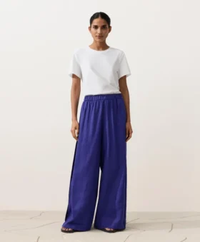 Pantalones de pierna ancha 100 % lino con pliegue lateral