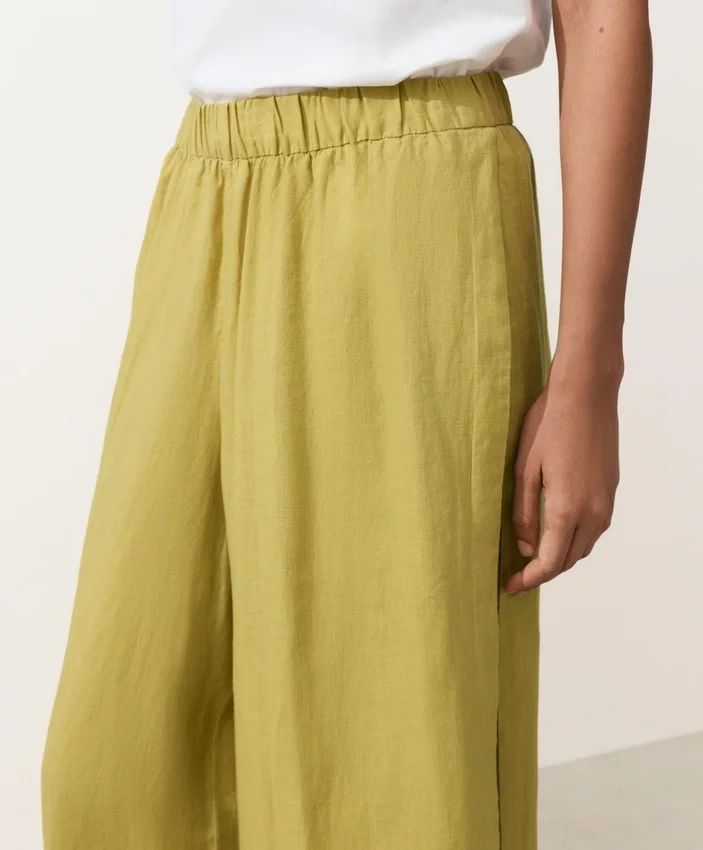Pantalones de pierna ancha 100 % lino con pliegue lateral Pantalones de pierna ancha 100 % lino con pliegue lateral