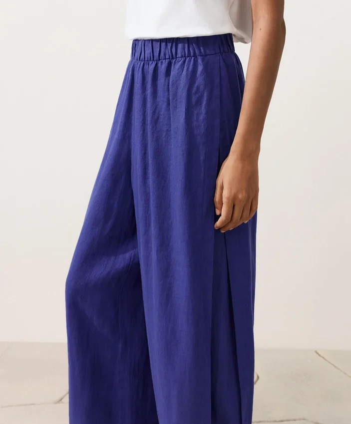 Pantalones de pierna ancha 100 % lino con pliegue lateral Pantalones de pierna ancha 100 % lino con pliegue lateral