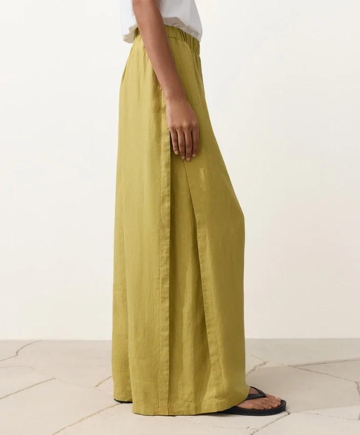 Pantalones de pierna ancha 100 % lino con pliegue lateral Pantalones de pierna ancha 100 % lino con pliegue lateral