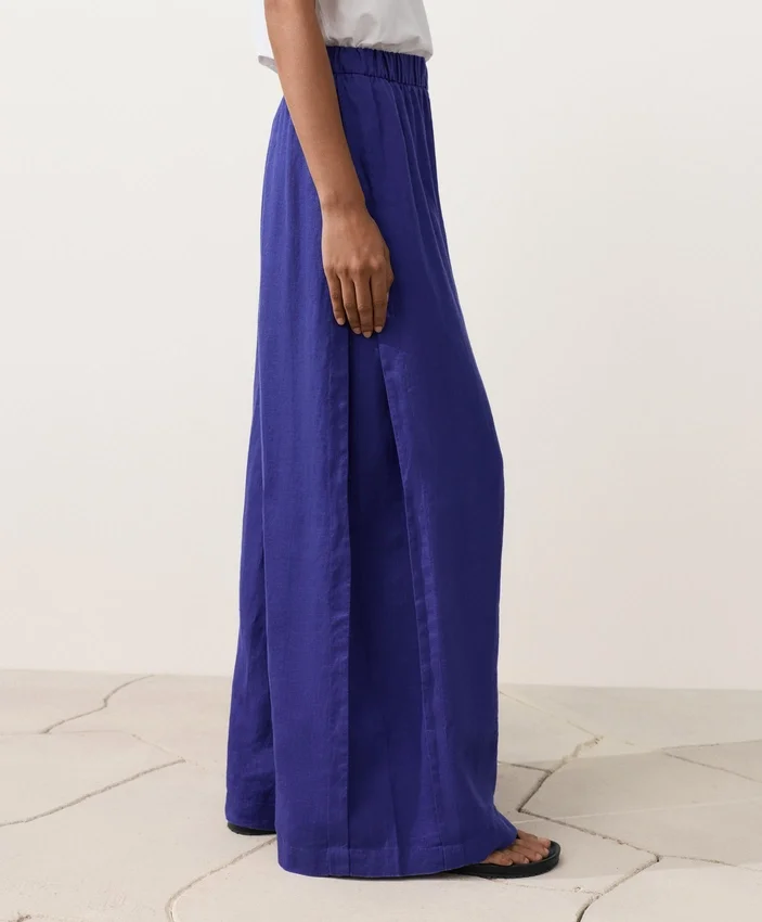 Pantalones de pierna ancha 100 % lino con pliegue lateral Pantalones de pierna ancha 100 % lino con pliegue lateral