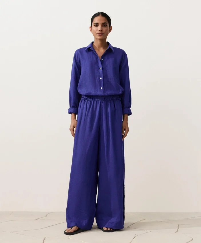 Pantalones de pierna ancha 100 % lino con pliegue lateral Pantalones de pierna ancha 100 % lino con pliegue lateral
