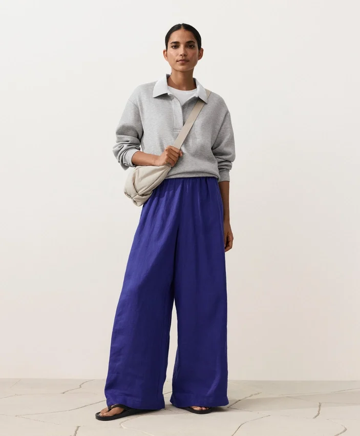 Pantalones de pierna ancha 100 % lino con pliegue lateral Pantalones de pierna ancha 100 % lino con pliegue lateral