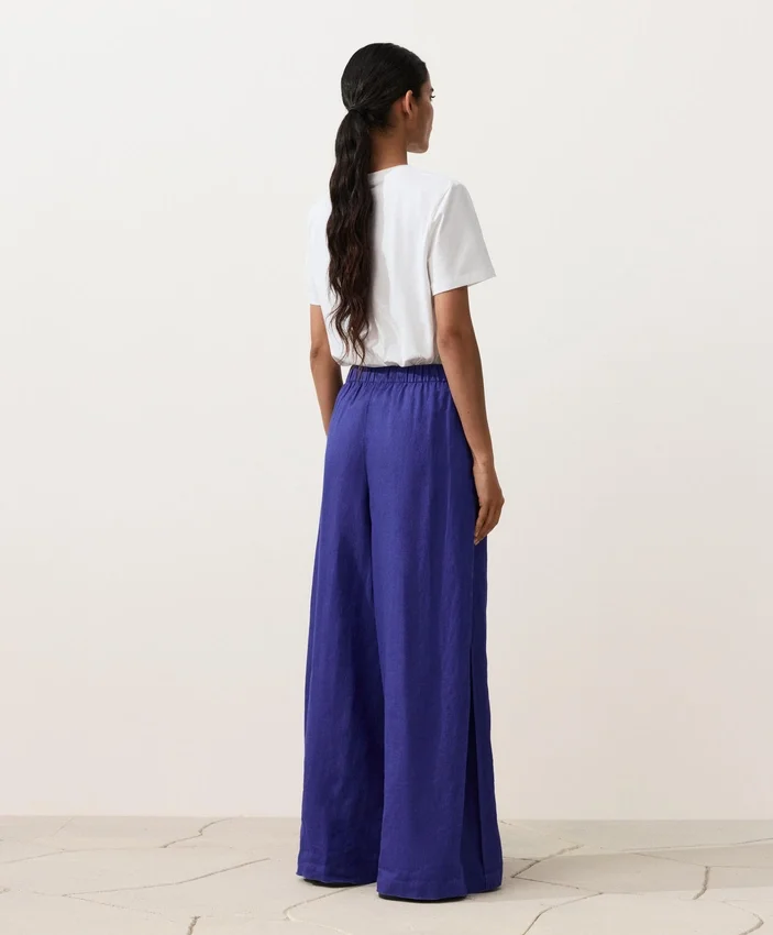 Pantalones de pierna ancha 100 % lino con pliegue lateral Pantalones de pierna ancha 100 % lino con pliegue lateral