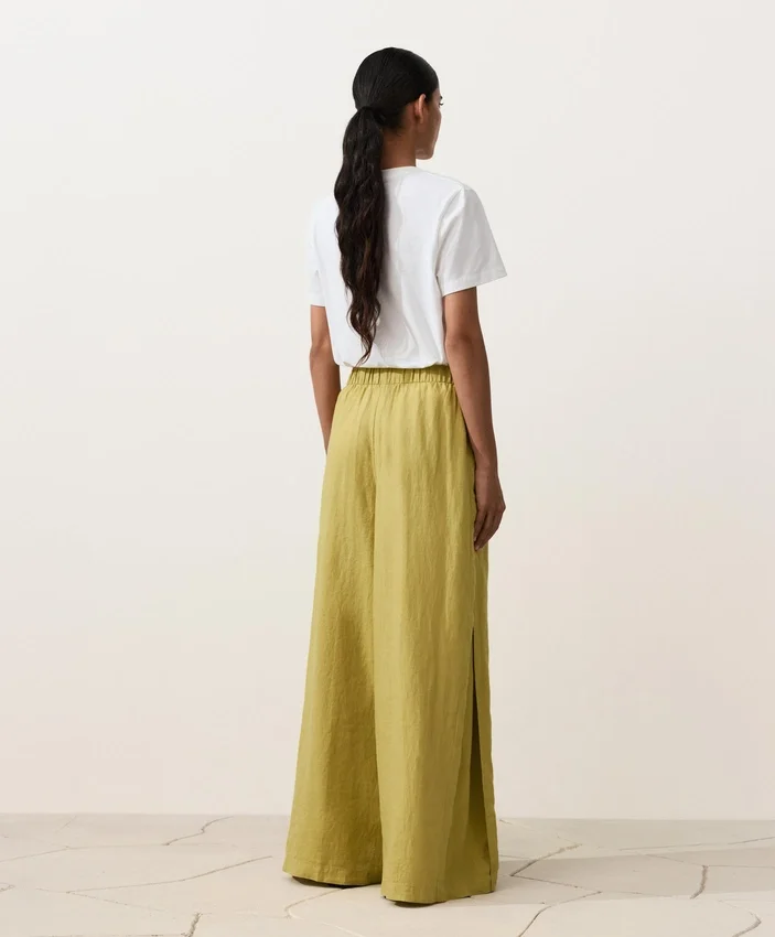 Pantalones de pierna ancha 100 % lino con pliegue lateral Pantalones de pierna ancha 100 % lino con pliegue lateral