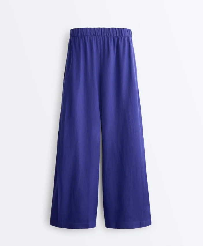 Pantalones de pierna ancha 100 % lino con pliegue lateral Pantalones de pierna ancha 100 % lino con pliegue lateral