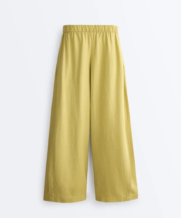 Pantalones de pierna ancha 100 % lino con pliegue lateral Pantalones de pierna ancha 100 % lino con pliegue lateral