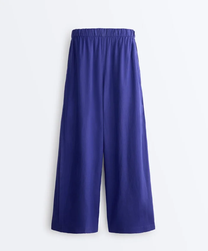 Pantalones de pierna ancha 100 % lino con pliegue lateral Pantalones de pierna ancha 100 % lino con pliegue lateral