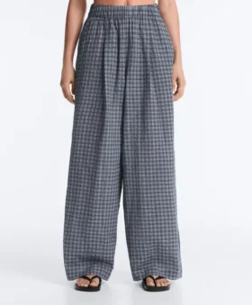 Pantalones de pierna ancha a cuadros de mezcla de algodón