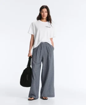 Pantalones de pierna ancha a cuadros de mezcla de algodón