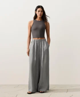 Pantalones de pierna ancha a rayas 100 % lino