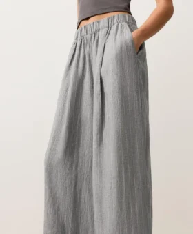 Pantalones de pierna ancha a rayas 100 % lino