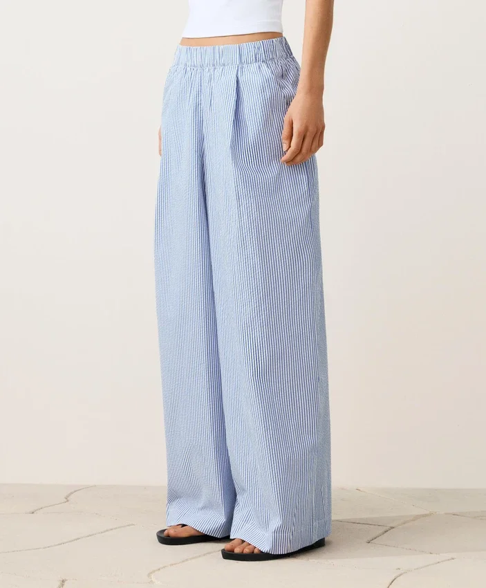 Pantalones de pierna ancha a rayas de mezcla de algodón Pantalones de pierna ancha a rayas de mezcla de algodón