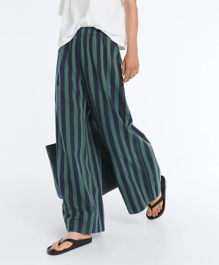 Pantalones de pierna ancha a rayas de mezcla de algodón Pantalones de pierna ancha a rayas de mezcla de algodón