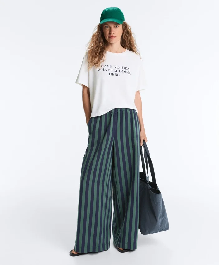 Pantalones de pierna ancha a rayas de mezcla de algodón Pantalones de pierna ancha a rayas de mezcla de algodón